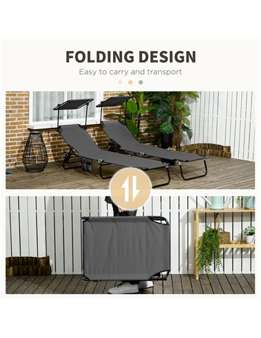 Outsunny 2 Piece Folding Sun Loungers with Canopy, Adjustable Recliner Garden Chairs with Side Pocket, Steel Frame and Breathabl