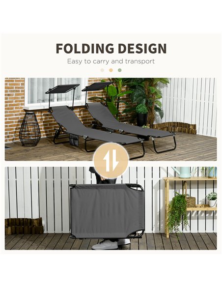 Outsunny 2 Piece Folding Sun Loungers with Canopy, Adjustable Recliner Garden Chairs with Side Pocket, Steel Frame and Breathabl - pic 118358 | FastDaddyshop