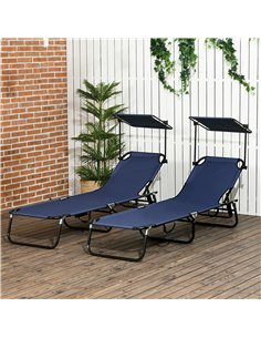 Outsunny 2 Piece Folding Sun Loungers with Canopy, Adjustable Recliner Garden Chairs with Side Pocket, Steel Frame and Breathabl