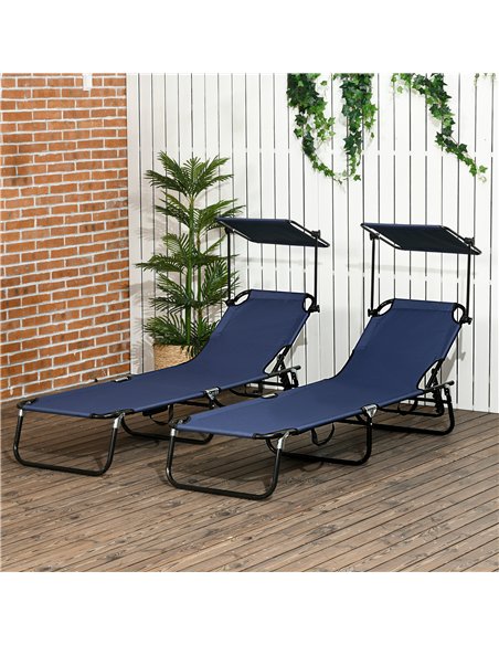 Outsunny 2 Piece Folding Sun Loungers with Canopy, Adjustable Recliner Garden Chairs with Side Pocket, Steel Frame and Breathabl - pic 118363 | FastDaddyshop