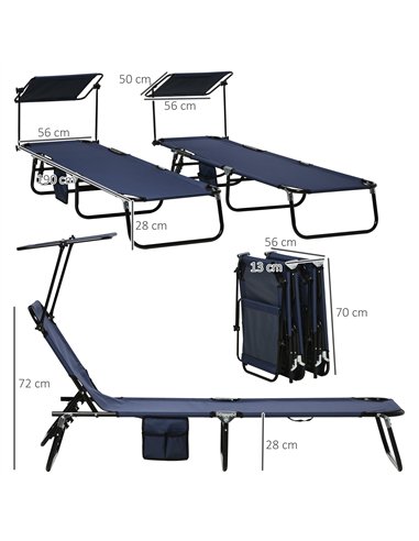 Outsunny 2 Piece Folding Sun Loungers with Canopy, Adjustable Recliner Garden Chairs with Side Pocket, Steel Frame and Breathabl