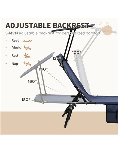 Outsunny 2 Piece Folding Sun Loungers with Canopy, Adjustable Recliner Garden Chairs with Side Pocket, Steel Frame and Breathabl