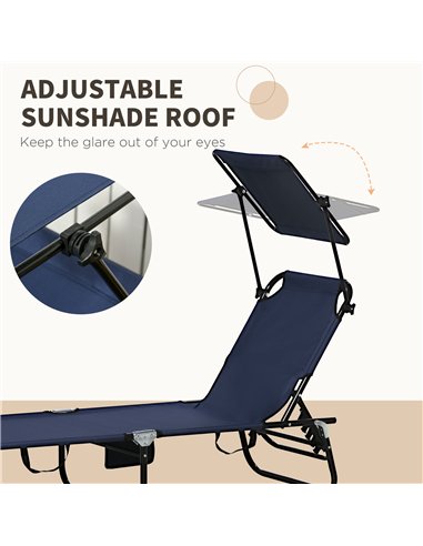 Outsunny 2 Piece Folding Sun Loungers with Canopy, Adjustable Recliner Garden Chairs with Side Pocket, Steel Frame and Breathabl