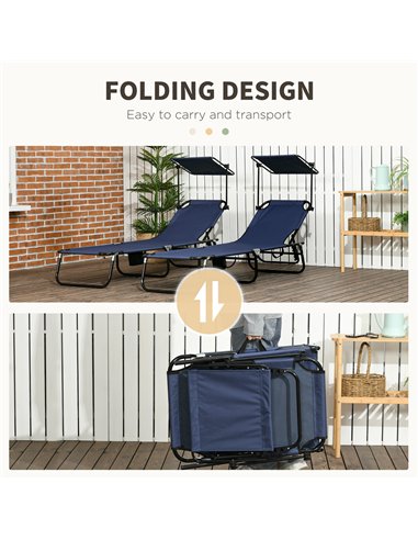 Outsunny 2 Piece Folding Sun Loungers with Canopy, Adjustable Recliner Garden Chairs with Side Pocket, Steel Frame and Breathabl