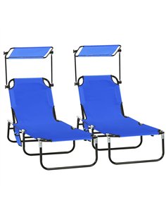 Outsunny 2 Piece Folding Sun Loungers with Canopy, Adjustable Recliner Garden Chairs with Side Pocket, Steel Frame and Breathabl