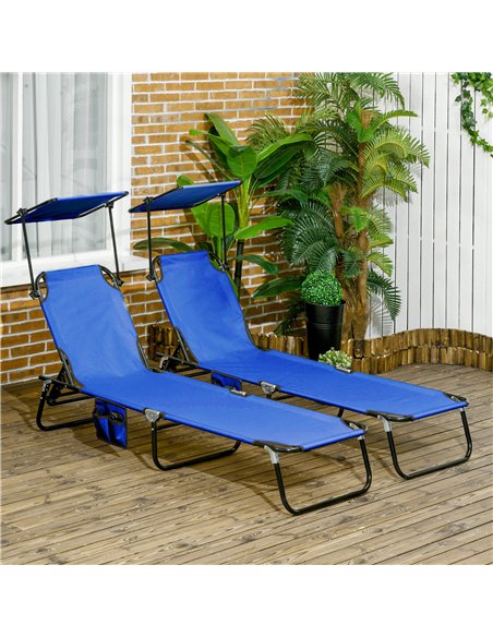 Outsunny 2 Piece Folding Sun Loungers with Canopy, Adjustable Recliner Garden Chairs with Side Pocket, Steel Frame and Breathabl - pic 118372 | FastDaddyshop