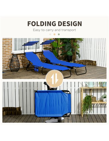 Outsunny 2 Piece Folding Sun Loungers with Canopy, Adjustable Recliner Garden Chairs with Side Pocket, Steel Frame and Breathabl