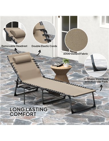 Outsunny Folding Sun Lounger with Side Table, 5-Level Adjustable Reclining Sun Lounger Chair, Portable Garden Recliner Sunbed wi