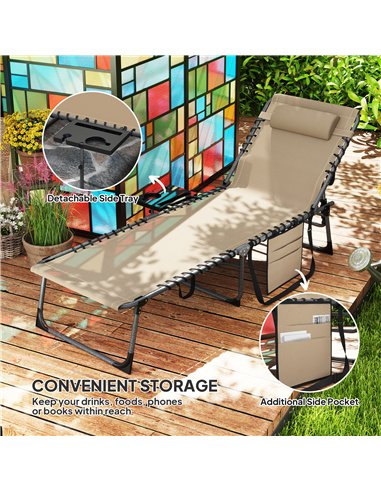 Outsunny Folding Sun Lounger with Side Table, 5-Level Adjustable Reclining Sun Lounger Chair, Portable Garden Recliner Sunbed wi