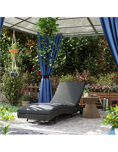 Outsunny Patio Wicker Chaise Lounge Chair, Outdoor PE Rattan Sun Lounger with Adjustable Backrest and 2 Wheels, Dark Grey