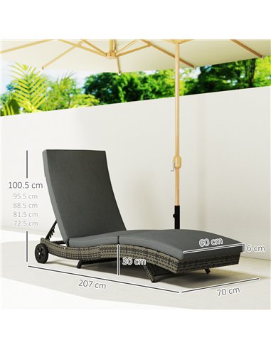 Outsunny Patio Wicker Chaise Lounge Chair, Outdoor PE Rattan Sun Lounger with Adjustable Backrest and 2 Wheels, Dark Grey