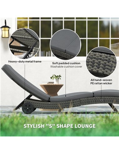 Outsunny Patio Wicker Chaise Lounge Chair, Outdoor PE Rattan Sun Lounger with Adjustable Backrest and 2 Wheels, Dark Grey