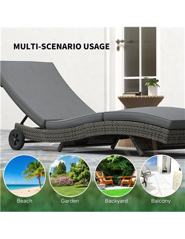 Outsunny Patio Wicker Chaise Lounge Chair, Outdoor PE Rattan Sun Lounger with Adjustable Backrest and 2 Wheels, Dark Grey