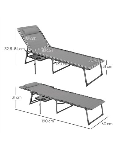 Outsunny Folding Sun Lounger with Side Table, 5-Level Adjustable Reclining Sun Lounger Chair, Portable Garden Recliner Sunbed wi