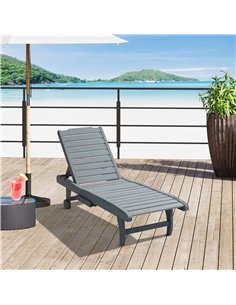 Outsunny Garden Patio Sun Lounger, Outdoor Wooden Sun Bed with Built-In Table, Reclining Backrest and Rolling Wheels for Sunbath