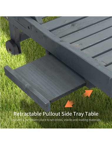 Outsunny Garden Patio Sun Lounger, Outdoor Wooden Sun Bed with Built-In Table, Reclining Backrest and Rolling Wheels for Sunbath