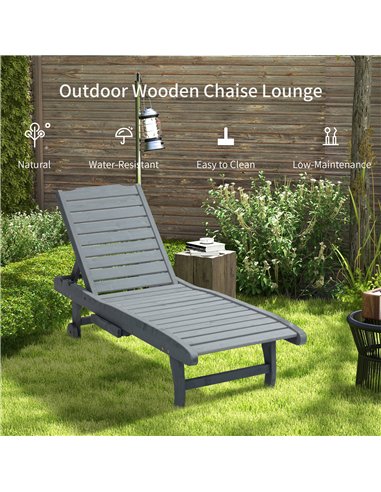 Outsunny Garden Patio Sun Lounger, Outdoor Wooden Sun Bed with Built-In Table, Reclining Backrest and Rolling Wheels for Sunbath