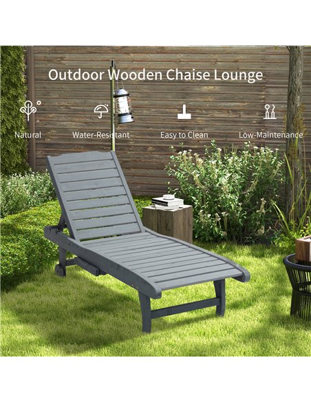Outsunny Garden Patio Sun Lounger, Outdoor Wooden Sun Bed with Built-In Table, Reclining Backrest and Rolling Wheels for Sunbath - pic 118422 | FastDaddyshop