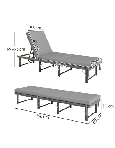 Outsunny Single Folding Rattan Sun Lounger, with Cushion - Grey