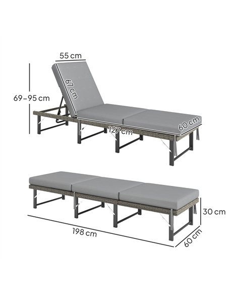 Outsunny Single Folding Rattan Sun Lounger, with Cushion - Grey - pic 118481 | FastDaddyshop