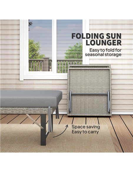 Outsunny Single Folding Rattan Sun Lounger, with Cushion - Grey - pic 118482 | FastDaddyshop
