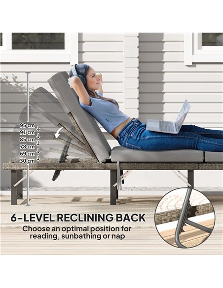 Outsunny Single Folding Rattan Sun Lounger, with Cushion - Grey - pic 118483 | FastDaddyshop