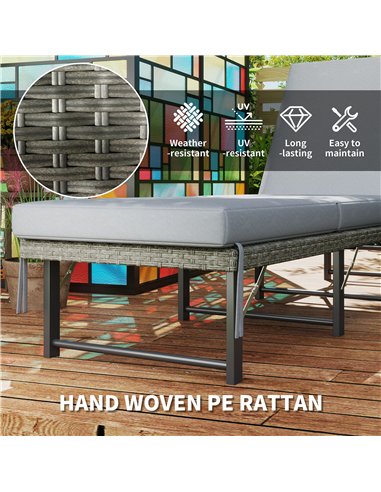 Outsunny Single Folding Rattan Sun Lounger, with Cushion - Grey