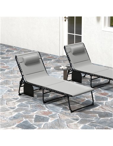 Outsunny Folding Sun Loungers Set of 2, Recliner Garden Chairs with Quick Drying Pad Headrest Side Pocket, Garden Sun Loungers f
