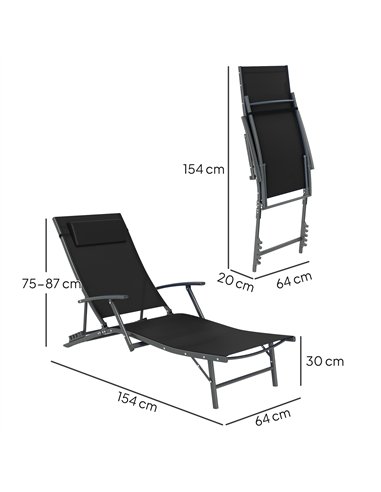 Outsunny Set of 2 Folding Sun Loungers for Garden, 4 Positions Adjustable Outdoor Chaise Lounge Chairs with Armrests, Pillows, S