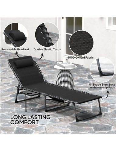 Outsunny Folding Sun Lounger with Side Table, 5-Level Adjustable Reclining Sun Lounger Chair, Portable Garden Recliner Sunbed wi