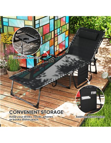 Outsunny Folding Sun Lounger with Side Table, 5-Level Adjustable Reclining Sun Lounger Chair, Portable Garden Recliner Sunbed wi