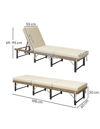 Outsunny Single Folding Rattan Sun Lounger, with Cushion - Grey