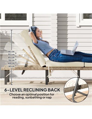 Outsunny Single Folding Rattan Sun Lounger, with Cushion - Grey