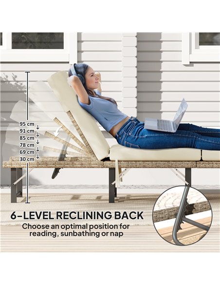 Outsunny Single Folding Rattan Sun Lounger, with Cushion - Grey - pic 118573 | FastDaddyshop