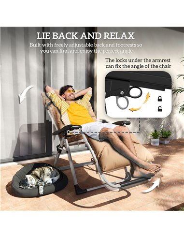 Outsunny 2 Piece Reclining Zero Gravity Sun Loungers with Cushions, Khaki