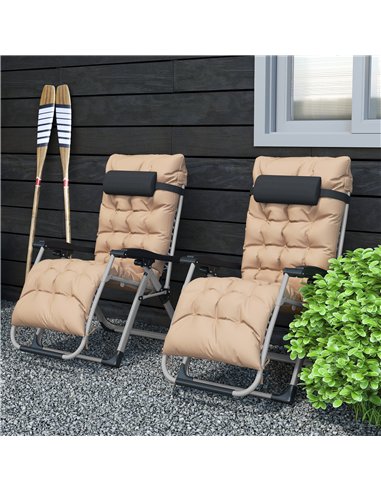 Outsunny 2 Piece Reclining Zero Gravity Sun Loungers with Cushions, Khaki