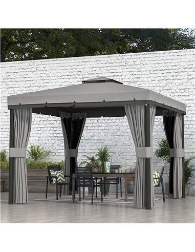 Outsunny 3 x 3(m) Patio Gazebo Canopy Garden Pavilion Tent Shelter Marquee with 2 Tier Roof, Netting and Curtains, Light Grey