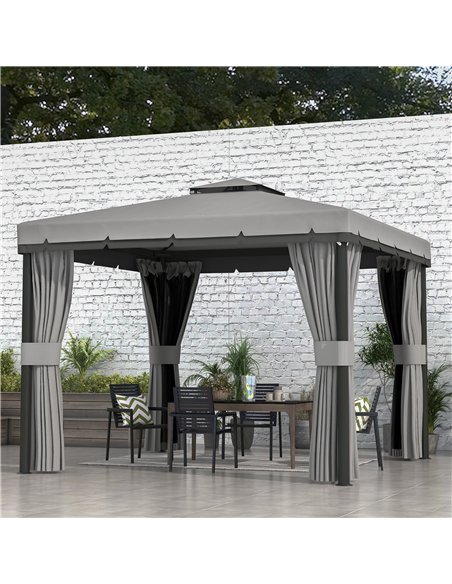 Outsunny 3 x 3(m) Patio Gazebo Canopy Garden Pavilion Tent Shelter Marquee with 2 Tier Roof, Netting and Curtains, Light Grey - pic 118633 | FastDaddyshop