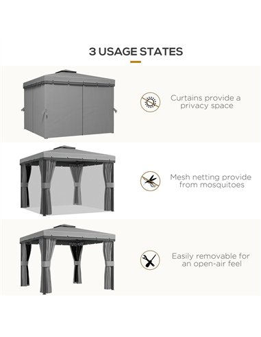 Outsunny 3 x 3(m) Patio Gazebo Canopy Garden Pavilion Tent Shelter Marquee with 2 Tier Roof, Netting and Curtains, Light Grey