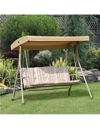 Outsunny 3 Seater Garden Swing Chair Patio Rocking Bench w/ Tilting Canopy, Removable Cushion, Light Brown Top, Brown