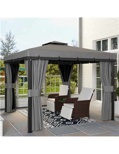 Outsunny 3 x 3(m) Patio Gazebo Canopy Garden Pavilion Tent Shelter Marquee with 2 Tier Roof, Netting and Curtains, Light Grey