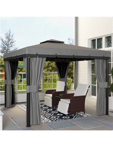 Outsunny 3 x 3(m) Patio Gazebo Canopy Garden Pavilion Tent Shelter Marquee with 2 Tier Roof, Netting and Curtains, Light Grey - pic 118640 | FastDaddyshop