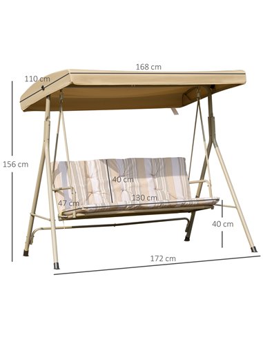 Outsunny 3 Seater Garden Swing Chair Patio Rocking Bench w/ Tilting Canopy, Removable Cushion, Light Brown Top, Brown