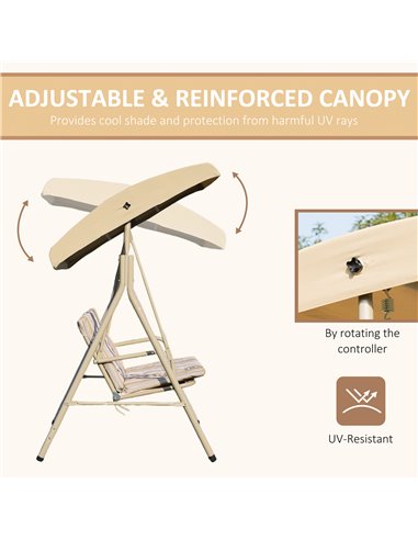 Outsunny 3 Seater Garden Swing Chair Patio Rocking Bench w/ Tilting Canopy, Removable Cushion, Light Brown Top, Brown