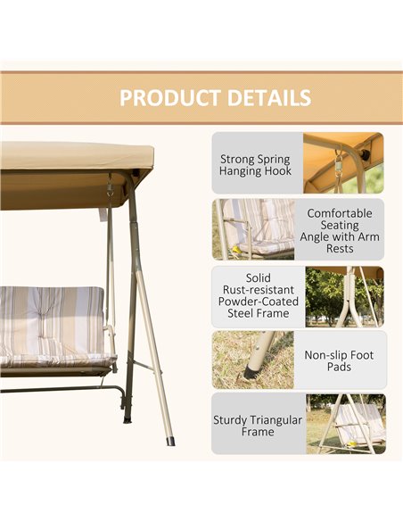 Outsunny 3 Seater Garden Swing Chair Patio Rocking Bench w/ Tilting Canopy, Removable Cushion, Light Brown Top, Brown - pic 11868 | FastDaddyshop