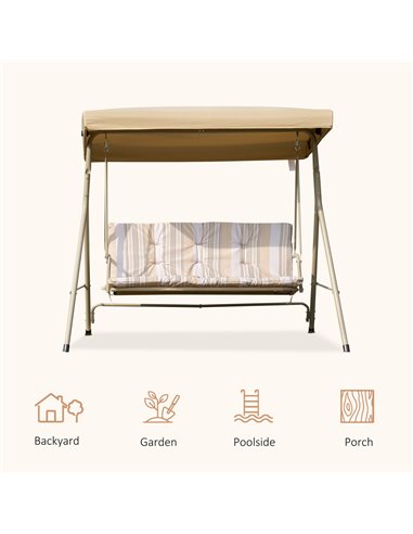 Outsunny 3 Seater Garden Swing Chair Patio Rocking Bench w/ Tilting Canopy, Removable Cushion, Light Brown Top, Brown