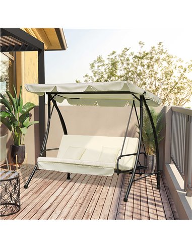 Outsunny 3 Seater Swing Chair 2-in-1 Hammock Bed Patio Garden Chair with Adjustable Canopy and Cushions, Cream White