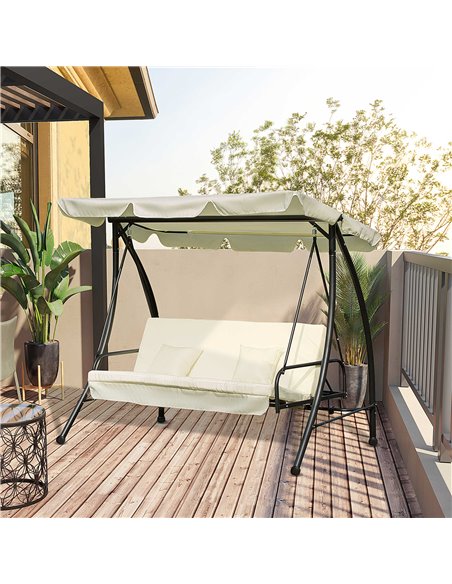 Outsunny 3 Seater Swing Chair 2-in-1 Hammock Bed Patio Garden Chair with Adjustable Canopy and Cushions, Cream White - pic 11872 | FastDaddyshop