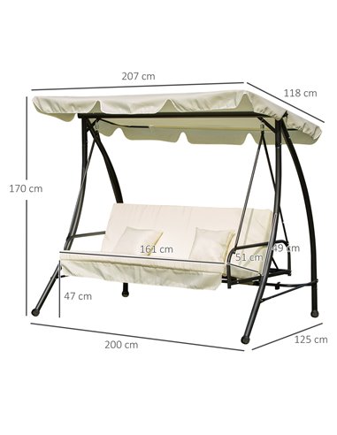 Outsunny 3 Seater Swing Chair 2-in-1 Hammock Bed Patio Garden Chair with Adjustable Canopy and Cushions, Cream White