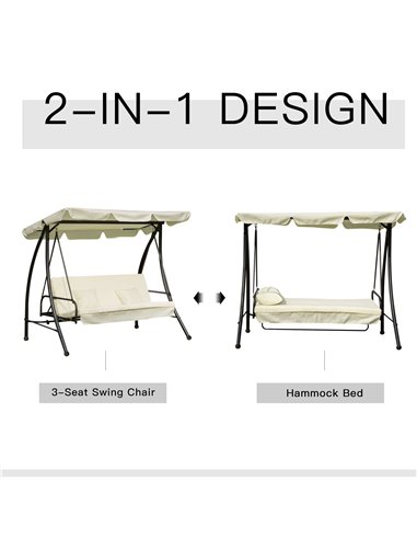 Outsunny 3 Seater Swing Chair 2-in-1 Hammock Bed Patio Garden Chair with Adjustable Canopy and Cushions, Cream White